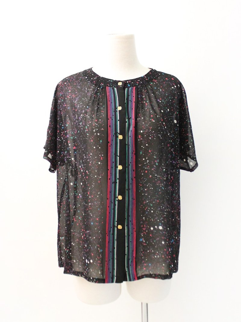 Vintage Japanese Starry Black Short Sleeve Vintage Shirt Vintage Blouse - เสื้อเชิ้ตผู้หญิง - เส้นใยสังเคราะห์ สีดำ