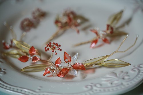 rosequeen 緋紅 新娘頭飾 婚紗頭飾 紅色水晶花樹脂花圈 五件
