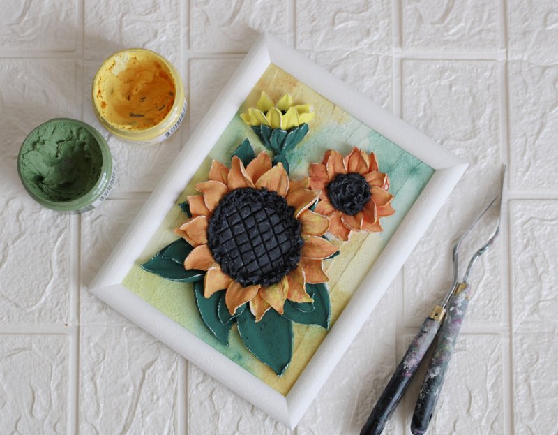 Sunflowers painting, textured wall art, sculpture painting, housewarming gift - 壁貼/牆壁裝飾 - 其他材質 
