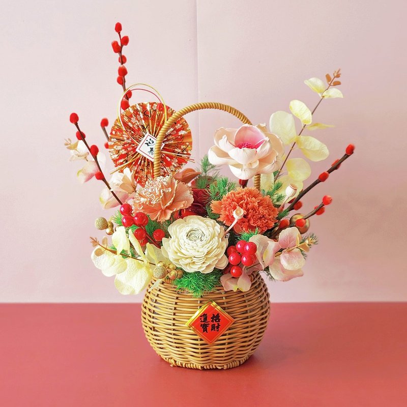 ***T37 Flowers bloom and prosper New Year's rattan flower basket/Spring Festival decoration potted flower New Year's gift table flower - Dried Flowers & Bouquets - Plants & Flowers 