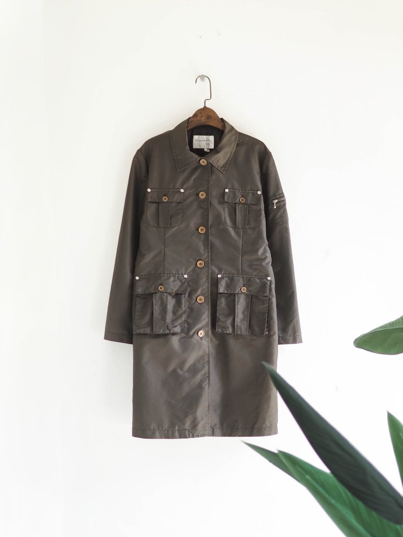 橄欖綠滑面光澤軍式工作口袋 古董薄質風衣外套 dustcoat jacket - 女大衣/外套 - 聚酯纖維 綠色