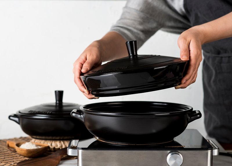 Korean TACKAON Hot Pot Ceramic Pot & Hot Pot Steamer Ceramic Pot Set-S/M - Pots & Pans - Porcelain Black