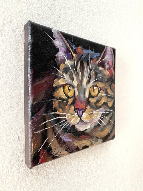キャンバス油絵 　専用　立ち上がって 外を見ている子猫 猫の肖像画 オリジナルペットアートワーク 油絵キャンバス 6x6