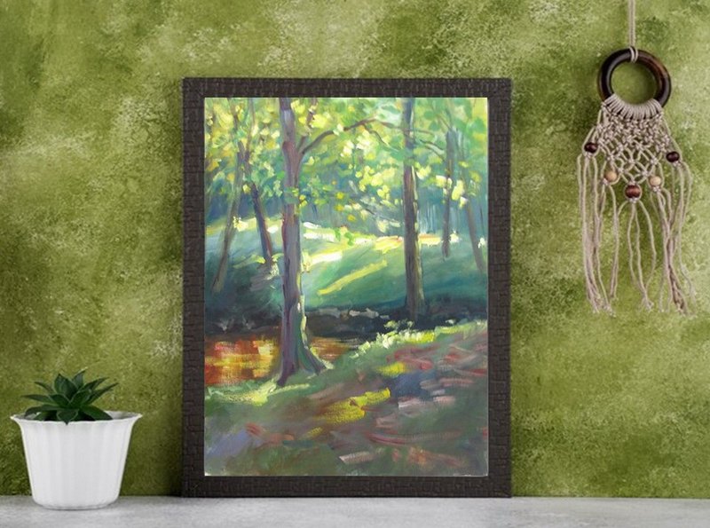 Original oil painting Sunny summer day in forest by the river - ตกแต่งผนัง - วัสดุอื่นๆ หลากหลายสี