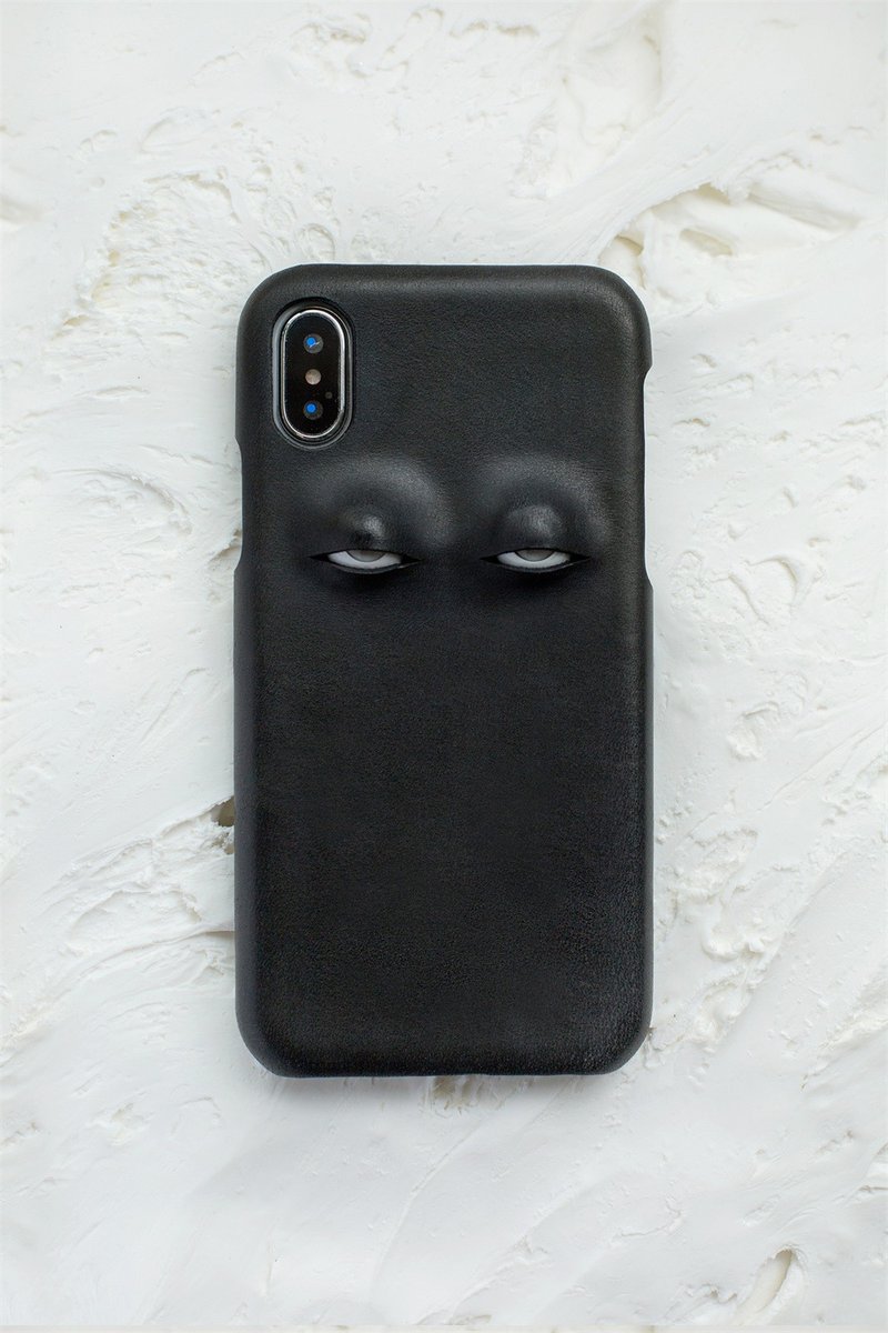 黑色 翻白眼系列 手工真皮iPhone手機殼 保護套 義大利植鞣牛皮 - 手機殼/手機套 - 真皮 黑色