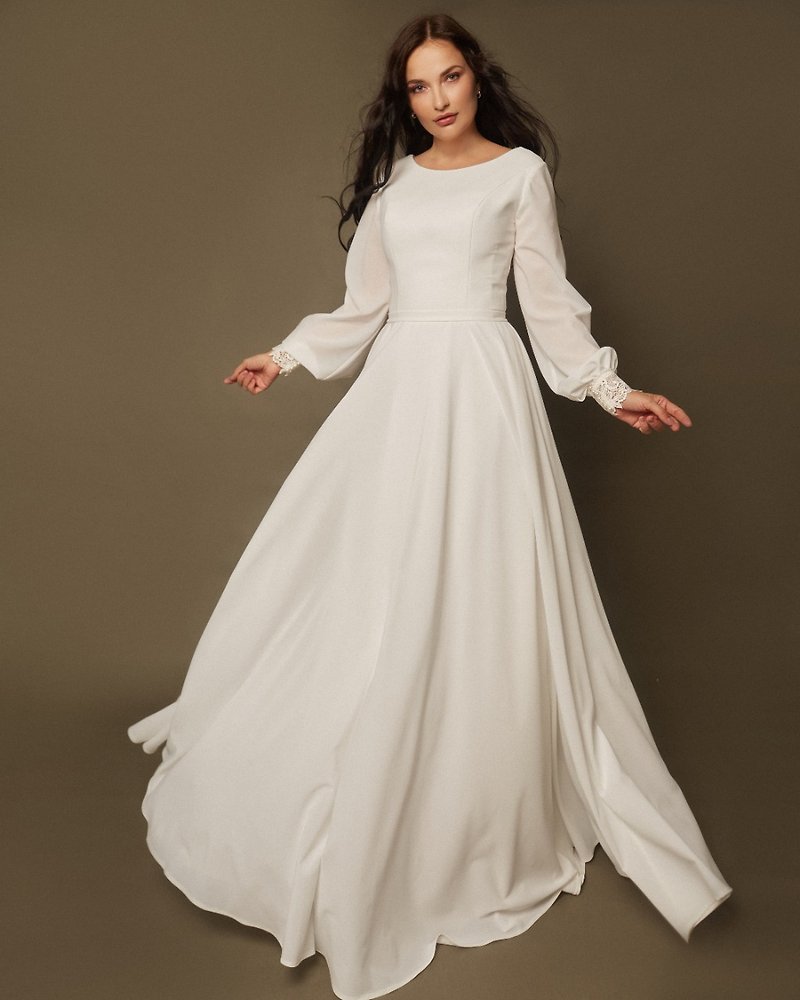 long sleeve wedding dress a line minimalist wedding dress plus size evening gown - 晚裝/晚禮服  - 其他材質 白色