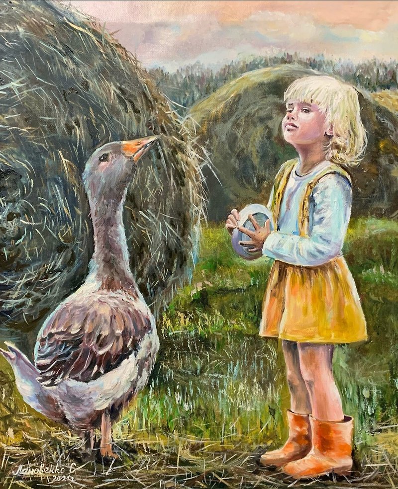 girl and goose provence oil painting