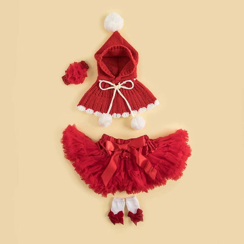 日安朵朵 女嬰童蓬蓬裙禮盒 - 小紅帽 (裙+披肩+寶寶襪) - 滿月禮物 - 聚酯纖維 紅色