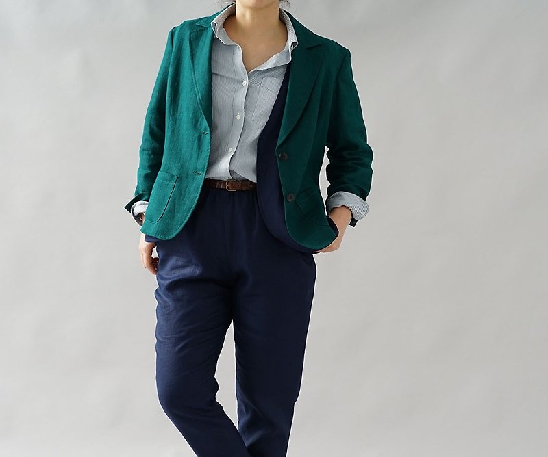 wafu  Linen jacket / outer wear / long sleeve / collar / green b18-9 - เสื้อแจ็คเก็ต - ผ้าฝ้าย/ผ้าลินิน สีเขียว