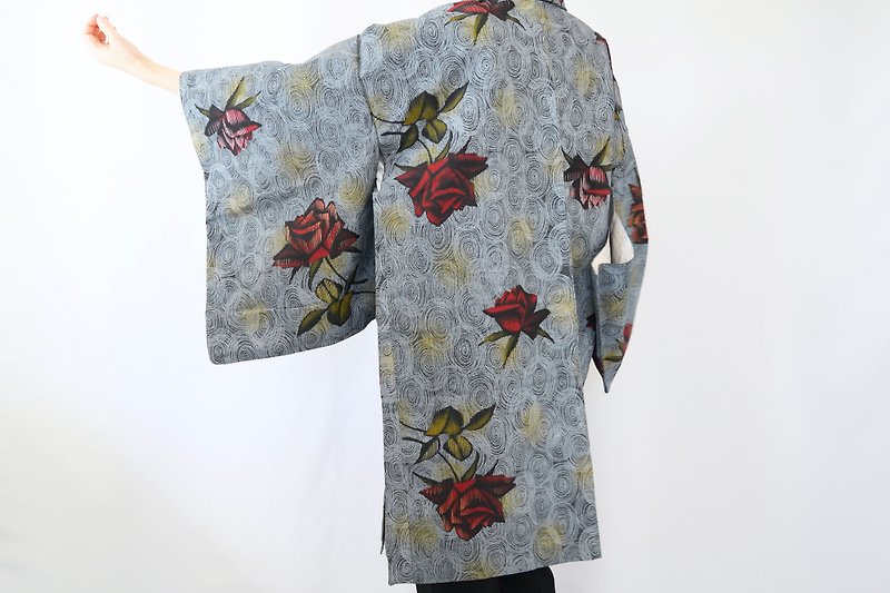 เส้นใยสังเคราะห์ เสื้อแจ็คเก็ต สีน้ำเงิน - Japanese KIMONO, rose kimono, floral haori, authentic kimono