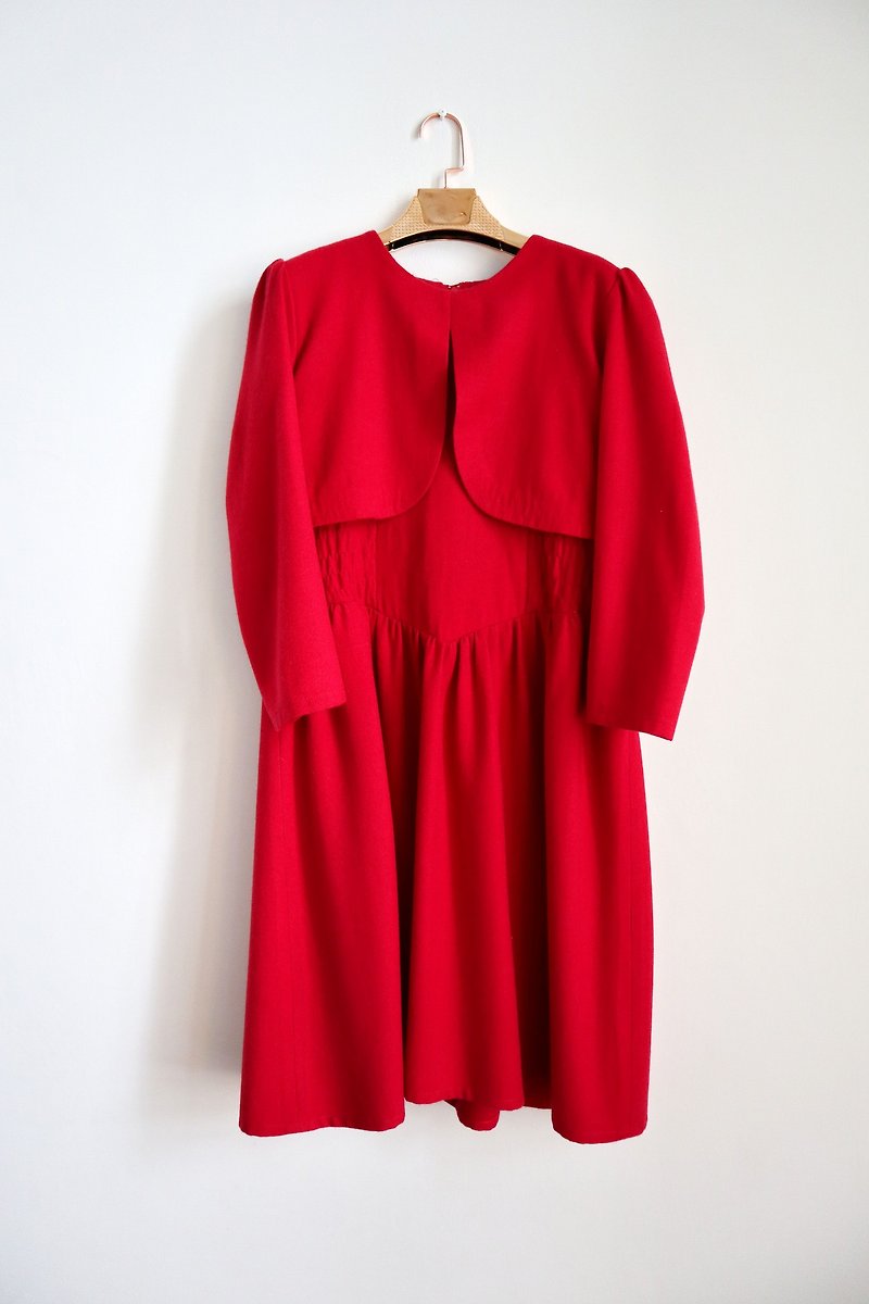 南瓜Vintage。古著假兩件式厚料洋裝 - 連身裙 - 羊毛 紅色