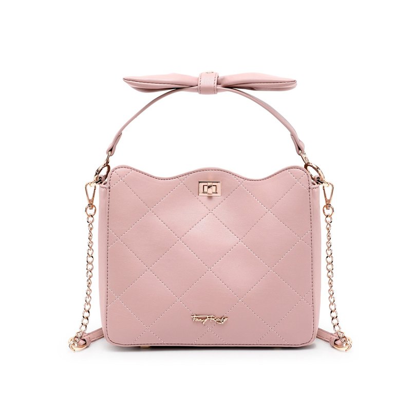 Diamond Bow Handle Side Back Bag - Messenger Bags & Sling Bags - Faux Leather Pink