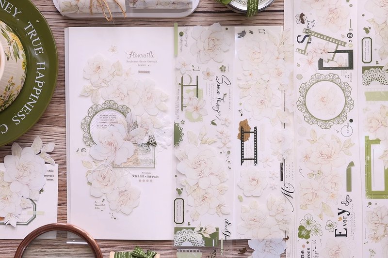 Green light retro gentle fresh flower and fruit PET and paper tape notebook collage - มาสกิ้งเทป - กระดาษ หลากหลายสี