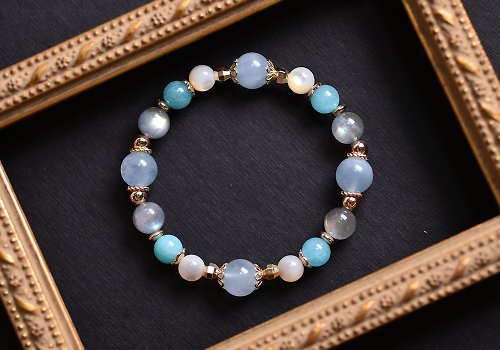 CaWaiiDaisy Handmade Jewelry 海藍寶+天河石+拉長石+珍珠貝黃銅鍍金手鍊