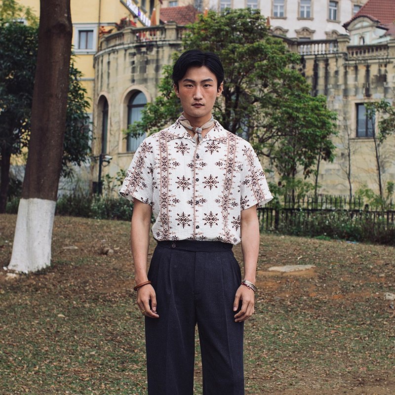 SOARIN ブリティッシュヴィンテージ シアサッカープリントシャツ (2526C375) - シャツ メンズ - コットン・麻 ホワイト