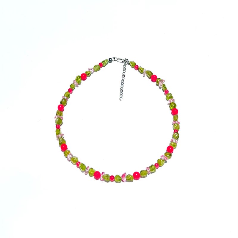 Necklace Very Berry • Green Olivine Stones • Hot Pink • Stainless Silver Jewelry - สร้อยคอ - เงิน หลากหลายสี