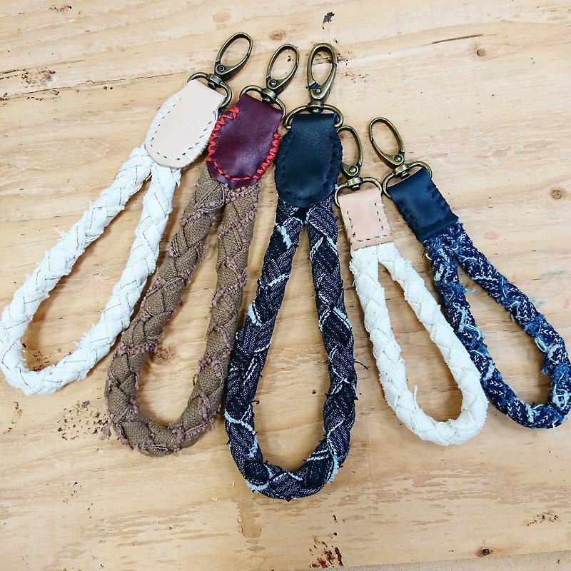 Vintage woven canvas/denim x leather hand-stitched keychain/bag buckle/camera strap/bracelet - Keychains - Paper Multicolor
