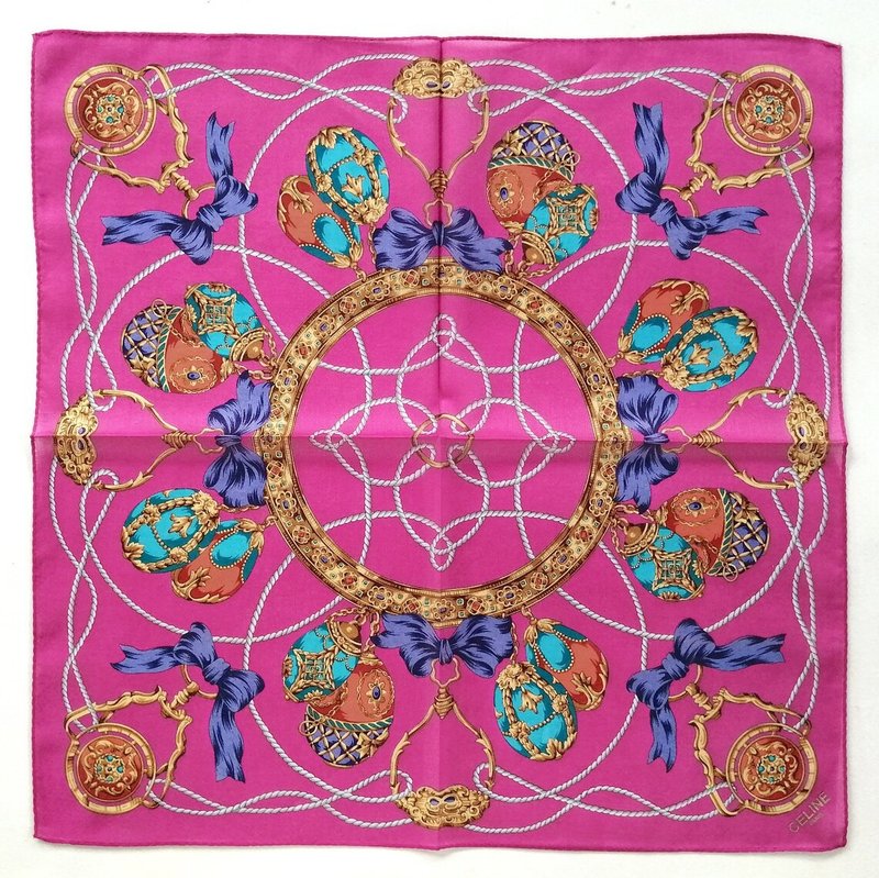 CELINE Print Handkerchief – Egg & Ribbon Motif 18.5 x 18 inches - Scarves - Cotton & Hemp Pink