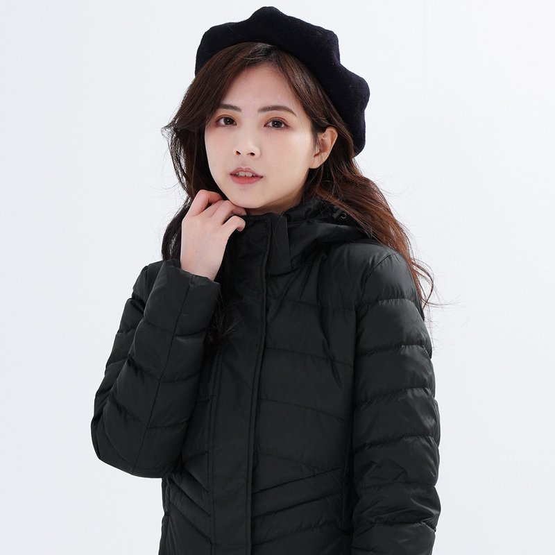 Women's long windproof and water-repellent hooded down jacket GJ22026 black - เสื้อแจ็คเก็ต - เส้นใยสังเคราะห์ สีดำ