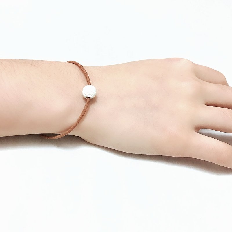 White Lava Bead Diffuser Thin Light Brown Leather Bracelet with Extend Chain - สร้อยข้อมือ - หนังแท้ ขาว