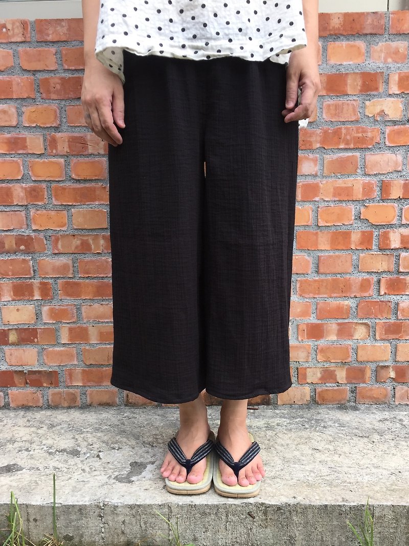 Pure natural washed double cotton this black eight-point wide pants carefully selected 20 colors - Women's Pants - Cotton & Hemp Black