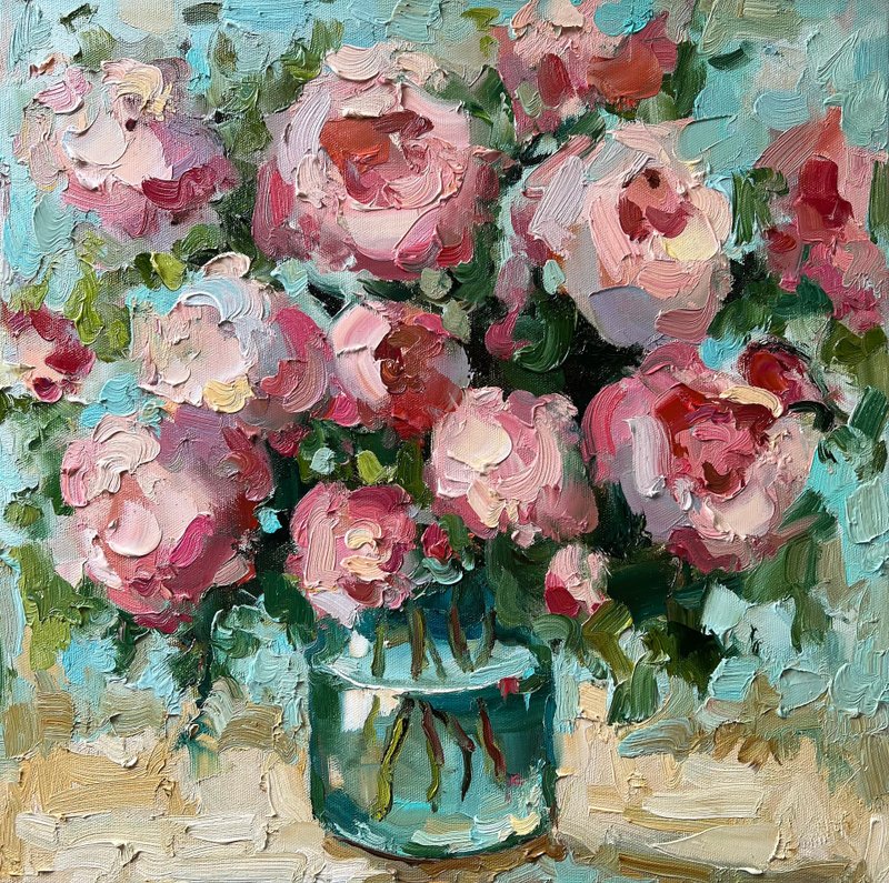 Floral Painting Peony Original Art Peonies Impasto Painting Flowers Abstract - ตกแต่งผนัง - วัสดุอื่นๆ สีม่วง