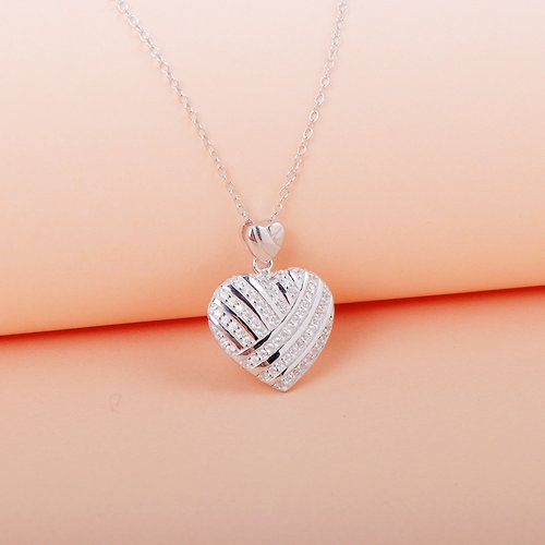 Bling Bijoux studio Genuine 925 Sterling Silver Pave Crystal Heart Pendant Necklace