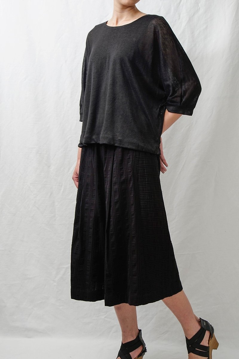 Textured embossing. Black cotton and linen wide pants. Spring and Summer | Ysanne - กางเกงขายาว - ผ้าฝ้าย/ผ้าลินิน สีดำ
