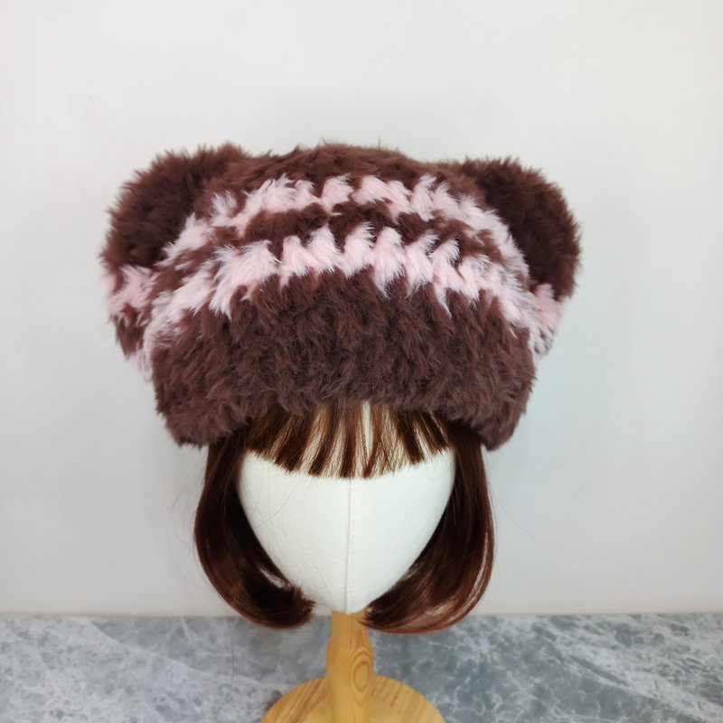Strawberry Dark Chocolate Bear Hat Faux Fur Yarn Hat Hand-Crocheted Hat - Hats & Caps - Other Man-Made Fibers Brown