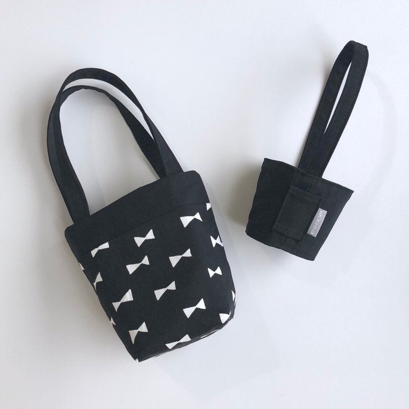 WATASHINO 黑白1+1 手提飲料袋+收納型杯套 【蝶結款】 - 杯套/飲料提袋 - 棉．麻 黑色