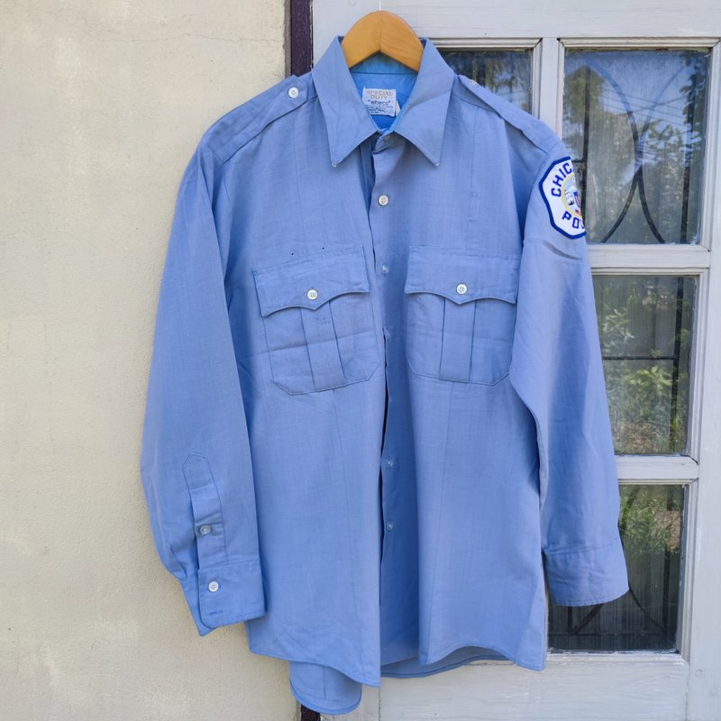 Vintage 70s Chicago Police Official Uniform Shirt - 男襯衫/休閒襯衫 - 棉．麻 藍色