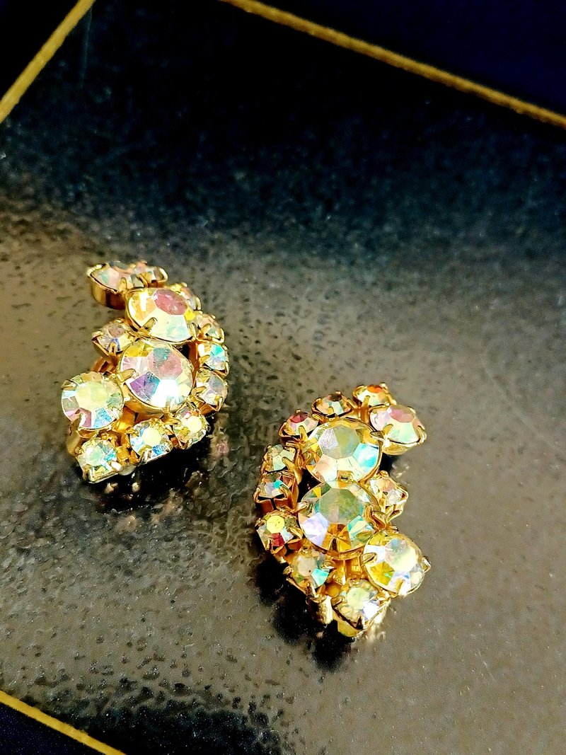 vintage jewelry 璀璨暮色萊茵鑽 夾式耳環 - 耳環/耳夾/耳骨夾 - 其他金屬 