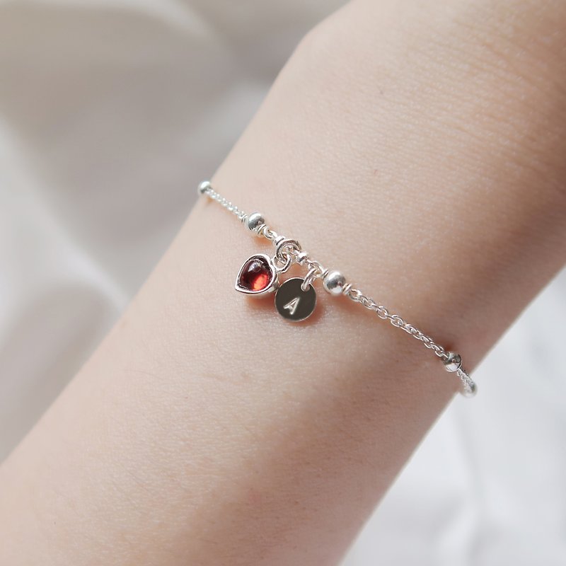 925 Sterling Silver Red Heart Stone Dot Chain Customized Engraving Bracelet Free Gift Packaging - สร้อยข้อมือ - เงินแท้ สีแดง