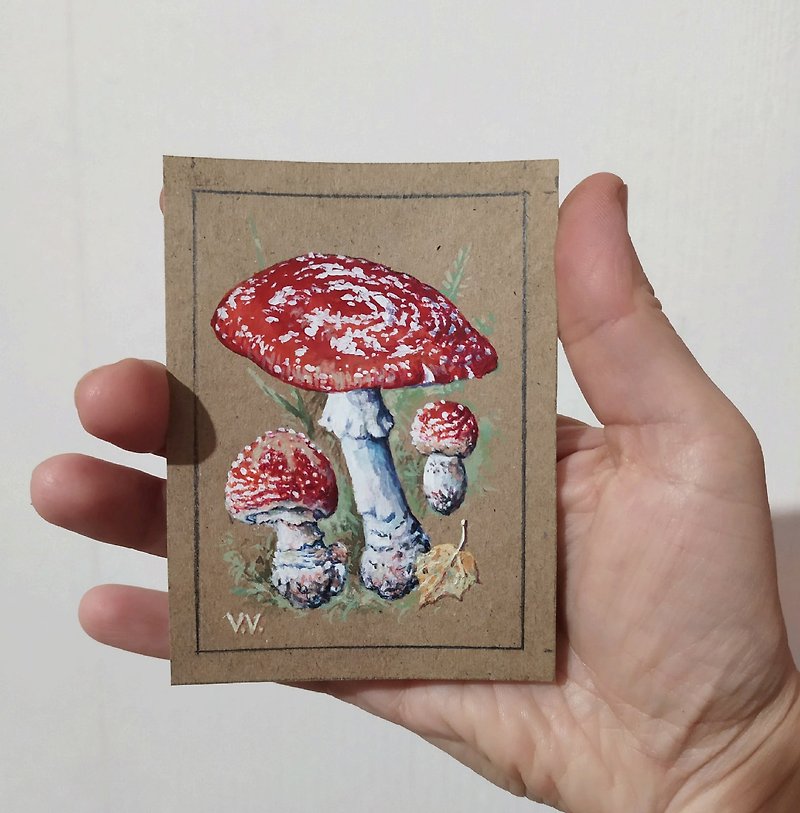 ACEO Original Art Fly Agaric Painting Mushroom Miniature Botanical Trading Card - Posters - Paper Red