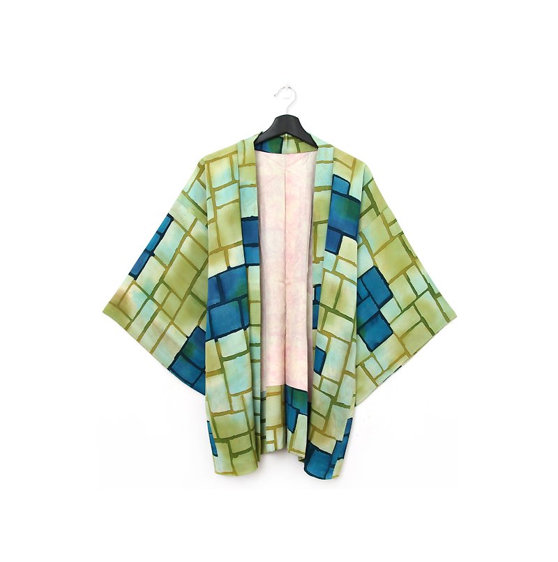 Back to Green-Japan brought back feather texture blue and Teal squares/vintage kimono - เสื้อแจ็คเก็ต - ผ้าไหม 