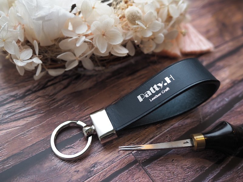[Customized Gift] Textured Key Ring Leather Key Ring Customized Buttero - Keychains - Genuine Leather Blue