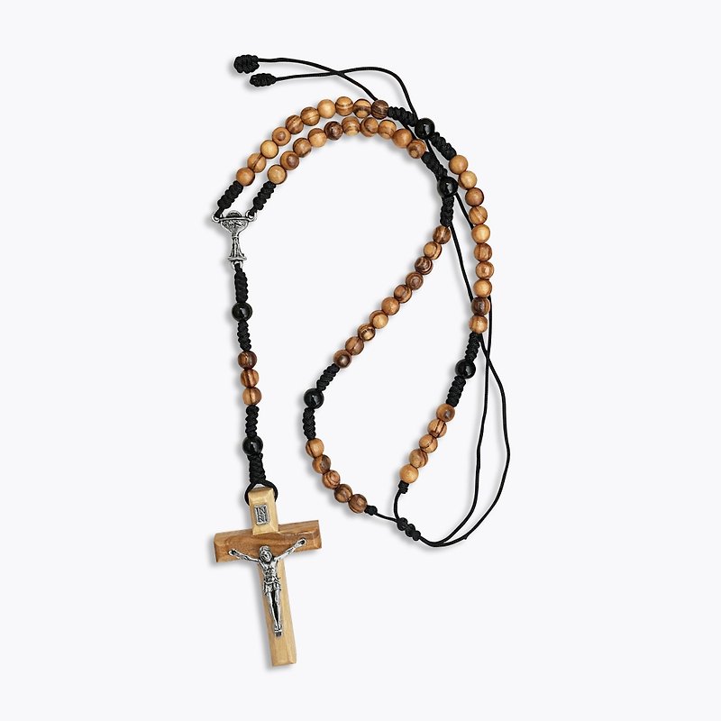 Necklace rosary 5mm imported olive wood beads and black agate with Holy Grail Jesus cross 8230509