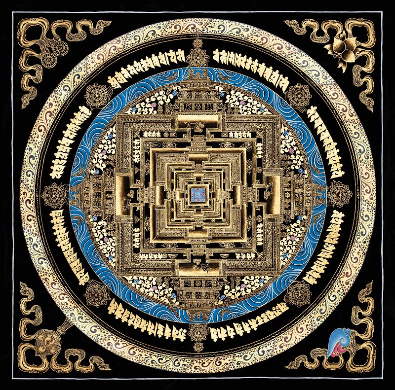 黒と金の手作り本物のカラチャクラ曼荼羅タンカ絵画 - ウォールデコ・壁紙 - 24Kゴールド 多色