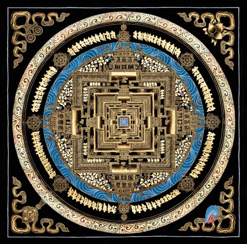 Boudha Stupa Thanka Centre 黑金色手工正品卡拉恰克拉曼荼羅唐卡畫