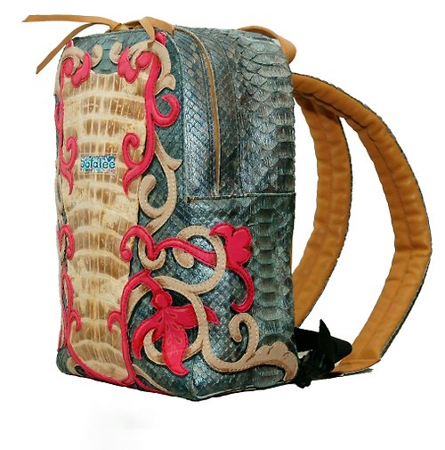 Sofalee Backpack of genuine crocodile / python skin with applications, urban backpack