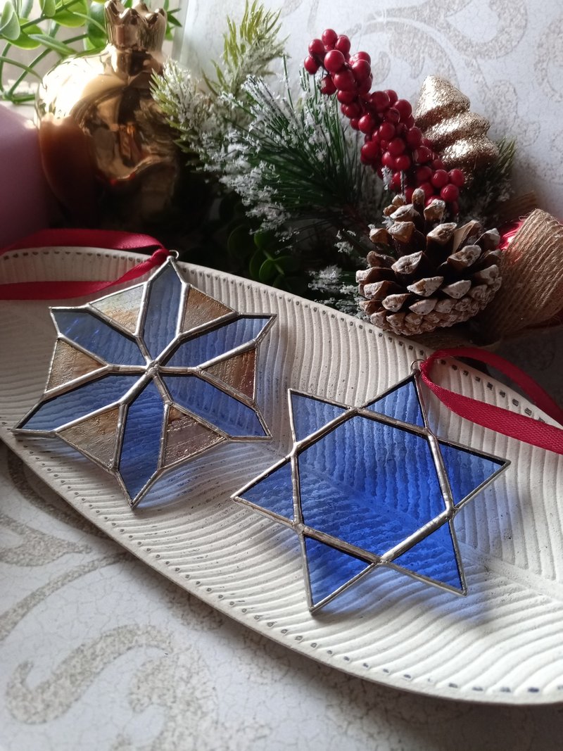 一組兩件雪花掛飾，聖誕裝飾品 梅爾卡巴 簡約彩繪玻璃 - 其他 - 玻璃 藍色