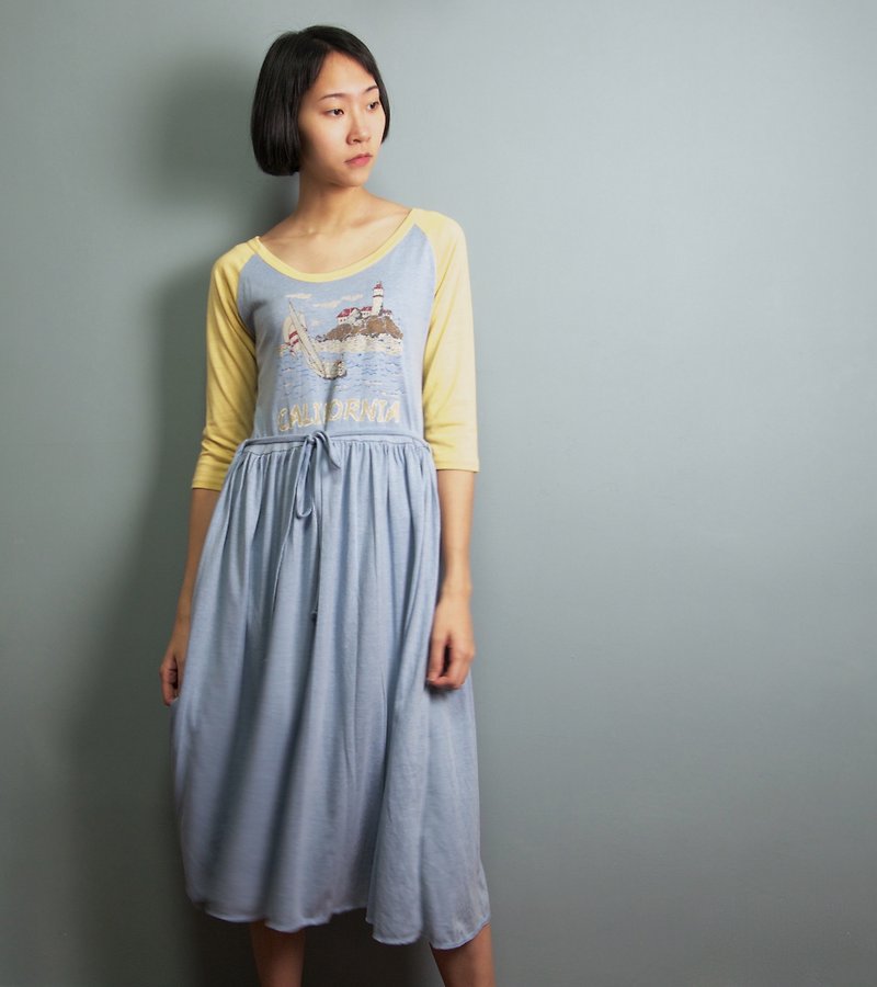 FOAK古著 復古藍黃拼色加州海岸洋裝 - 洋裝/連身裙 - 棉．麻 多色