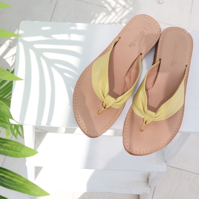 【Summer atmosphere】leather flip flop-yellow - รองเท้ารัดส้น - หนังแท้ สีเหลือง