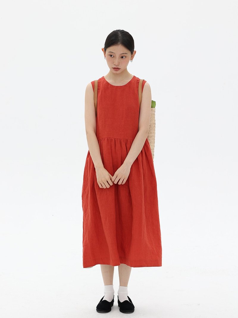 White orange linen all-match dress - ชุดเดรส - ผ้าฝ้าย/ผ้าลินิน สีน้ำเงิน