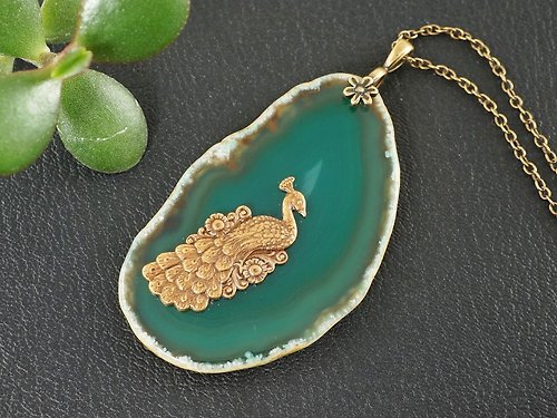 AGATIX Green Agate Slice Slab Brass Peacock Dark Green Stone Pendant Necklace Jewelry