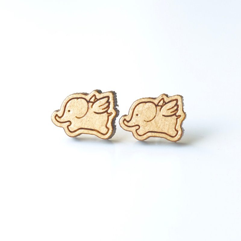 Plain wood earrings-Flying Elephant - ต่างหู - ไม้ สีนำ้ตาล