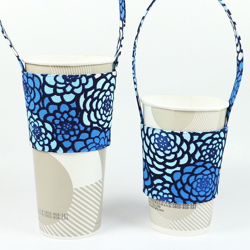 Drink Cup Set Green Cup Set Bag - Stained Glass Flower (Blue) - ถุงใส่กระติกนำ้ - ผ้าฝ้าย/ผ้าลินิน สีน้ำเงิน