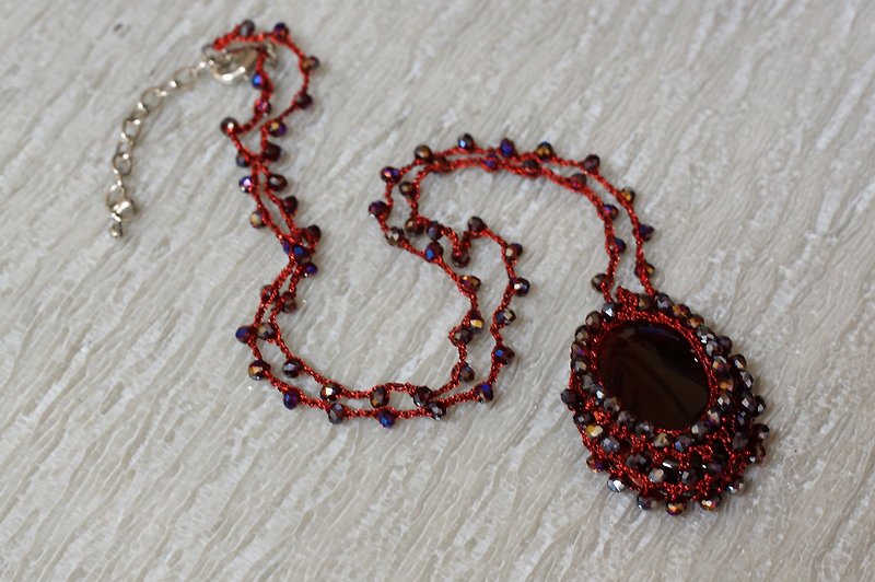 手鈎金属線半寶石項錬 ( Hand crocheted semi precious stone necklaces ) - 項鍊 - 寶石 紅色