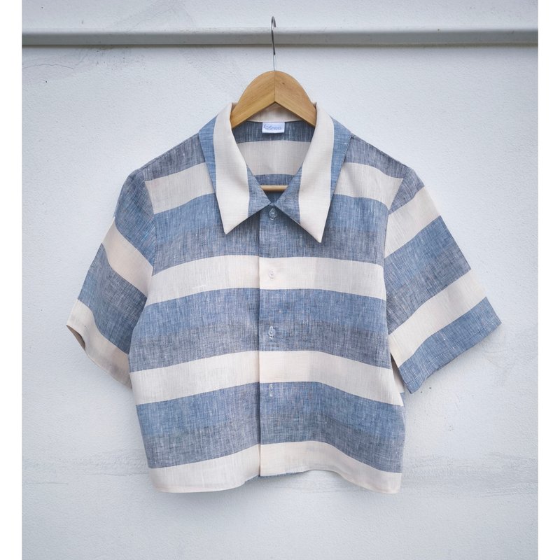 Cotton | Navy and Cream Striped Cropped Shirt - 女襯衫 - 棉．麻 藍色
