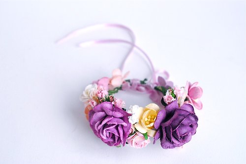 makemefrompaper Paper Flower, purple, pale pink corsage, Wedding, greenery, Cardinal purple roses and some small flowers (middle are size 4.5 cm.) Handmade